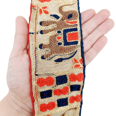 Beige Shimmer Gold Art Silk Fabric Trim with Elephant Embroidery, Lace Trim, Indian Lace Trim